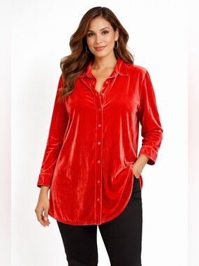 Soft Surroundings Copper Velvet Button Down Tunic Shirt Womens Medium Longline